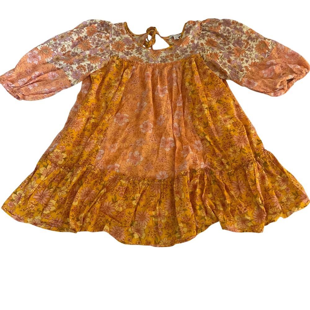 American Eagle Tunic Top Women Large Orange Floral Tiered Puff Sleeve Tie Back